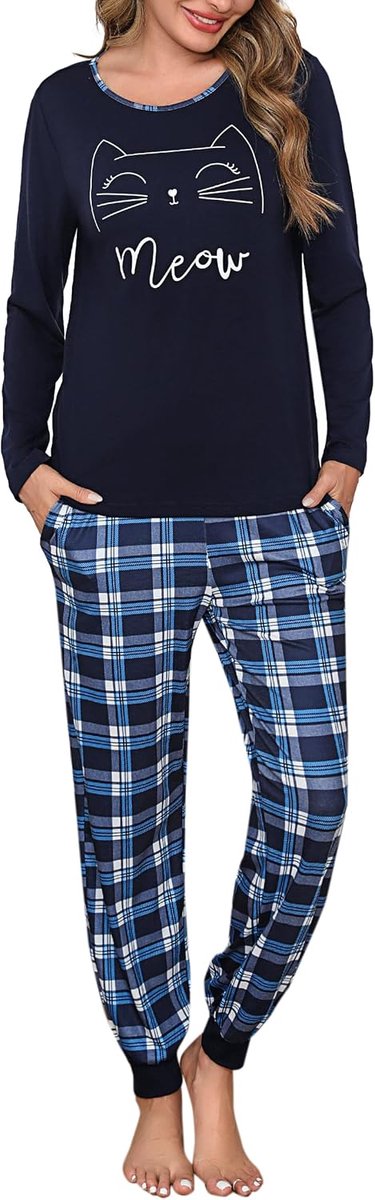 Damespyjama met lange mouwen, geruite pyjamaset, katoen