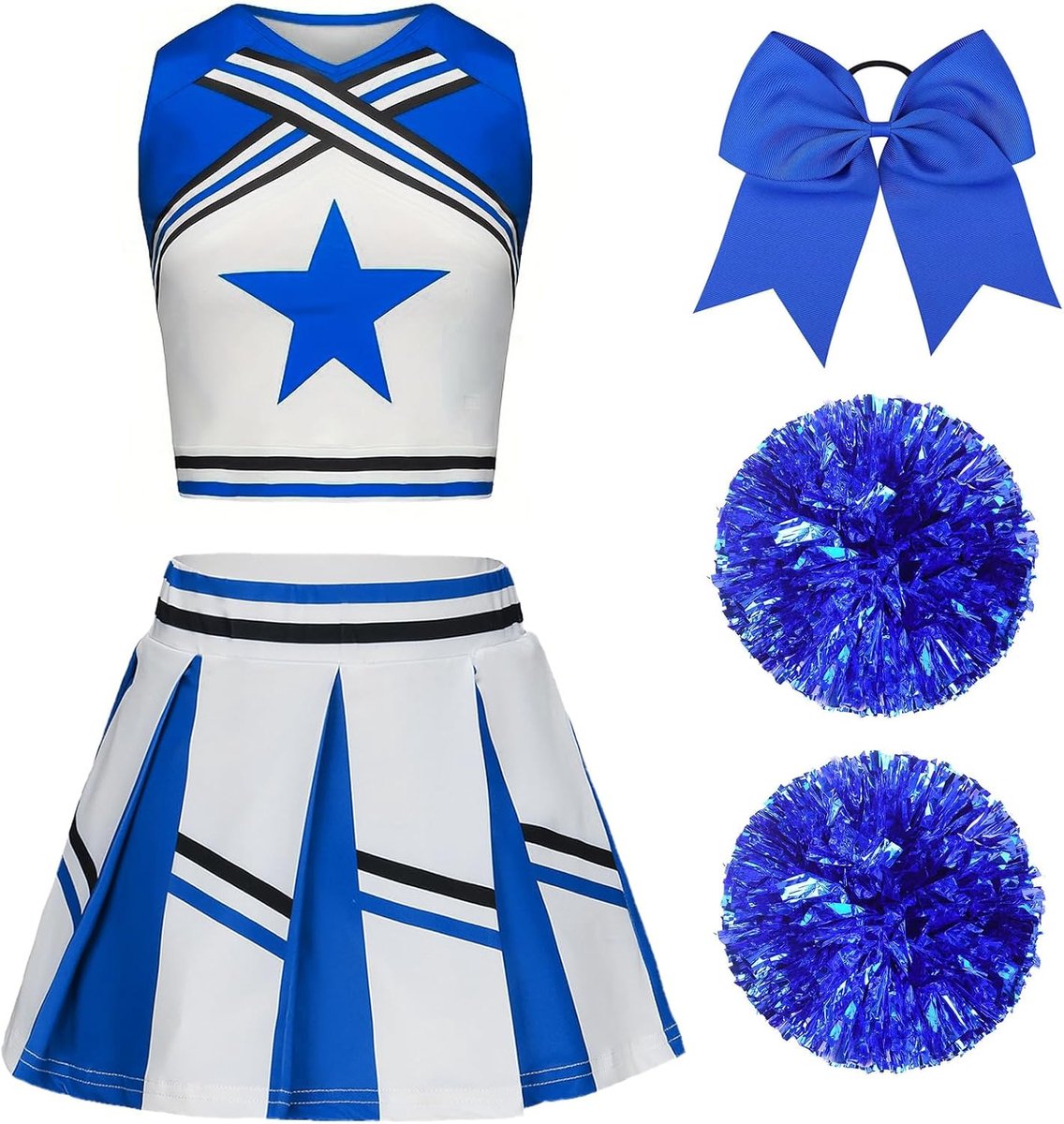 Cheerleader-kostuum voor kinderen, cheerleader-kostuum, jurk voor meisjes, cheeruniform met pompons en hoofdtooi, cheerleader-outfit, voor carnaval, Halloween, carnaval