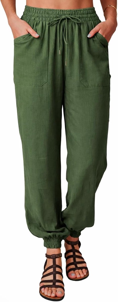 Harembroek met manchetten en trekkoord voor dames, met 4 zakken, effen, losse loungewear, enkelbroek, taps toelopende broek, werk, casual, yoga