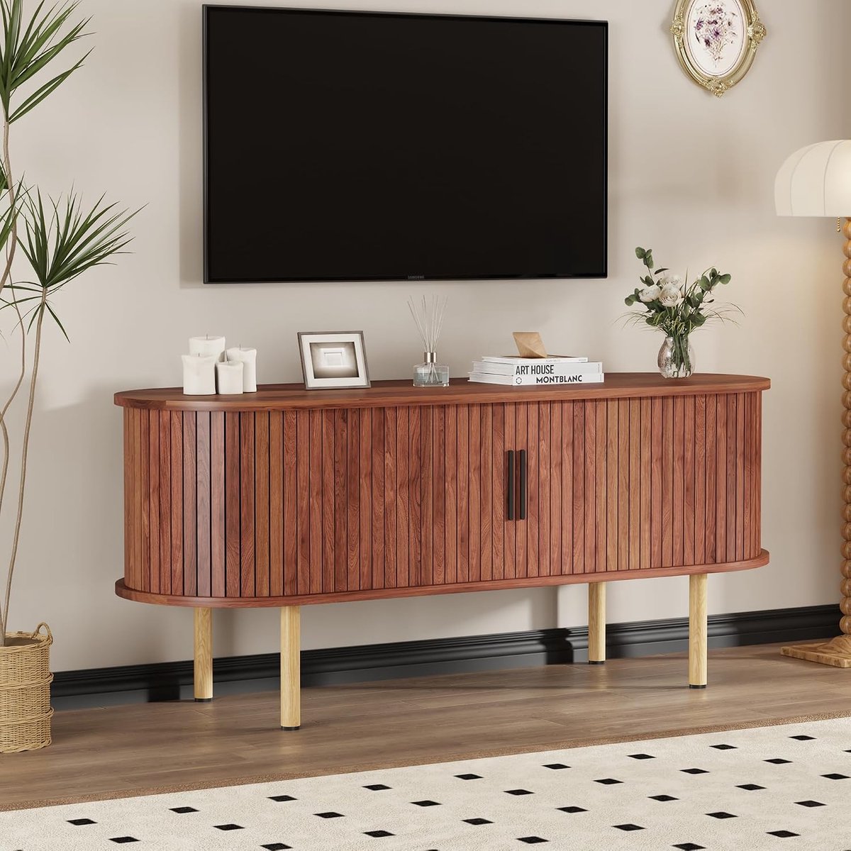 Danky TV Meubel Walnoot 120cm - Modern Dressoir met Schuifdeur en Kast