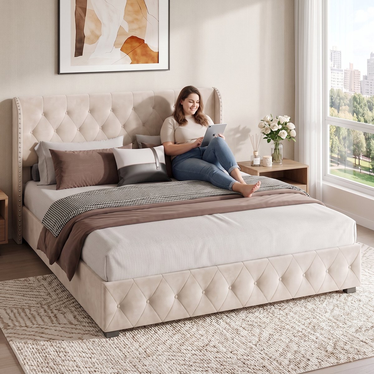 Opbergbed 140x190 cm, Tweepersoonsbed met opbergruimte, Gestoffeerd hoofdbord, bedframe 140x190 met lattenbodem, voor tieners en volwassenen, fluweel Beige