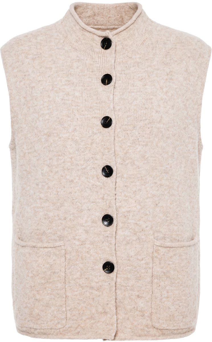 Ulla Popken - Dames - Gebreid gilet rolrandjes ronde hals mouwloos - Donker kiezel - Maat 58+