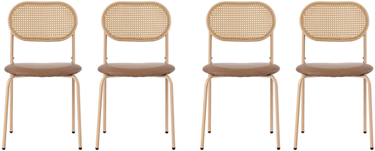Merax Eetkamerstoelen Set van 4 – Rotan Ovale Rugleuning – PU Zitting – Metalen Poten – Bruin – Moderne Stoelenset
