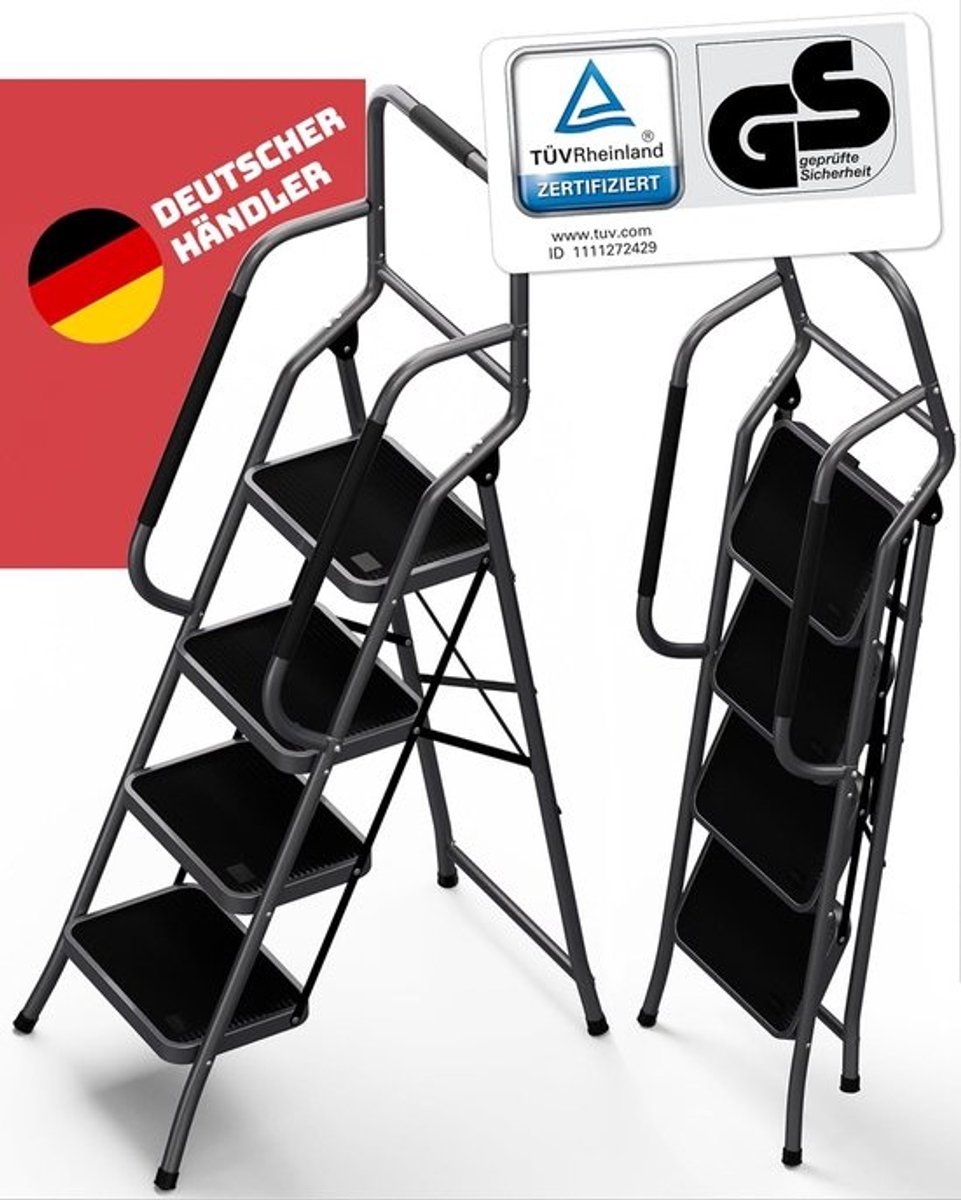 Veiligheidsladder - 4 treden - Opvouwbaar en stevig - Voor huishoudelijk gebruik - TÜV Rheinland-gecertificeerd - Belastbaar tot 150 kg - Antraciet