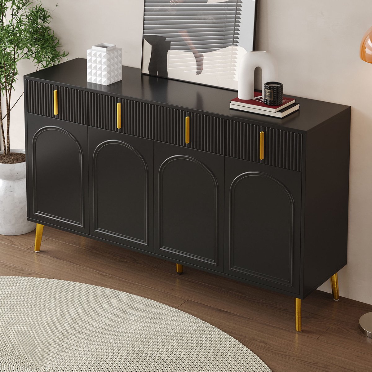 WUVRIE Dressoir 140 x 38 x 82 cm - 4 deuren, 4 lades en gouden details - Zwart