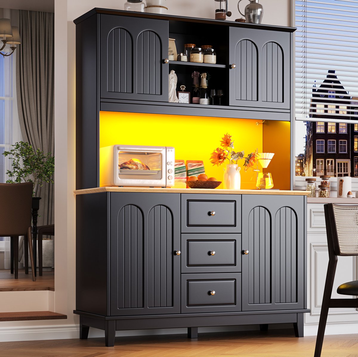 WUVRIE Buffetkast 120x40x180 cm - 4 deuren, 3 lades en LED-verlichting met app - Zwart/naturel Zwart, naturel