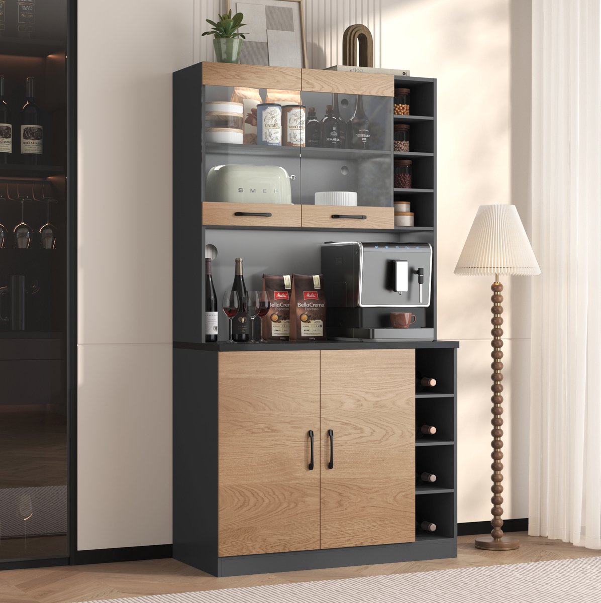 WUVRIE - Keukenkast 100 x 47 x 187 cm - LED, glazen deur en kabeldoorvoer - Grijs/naturel