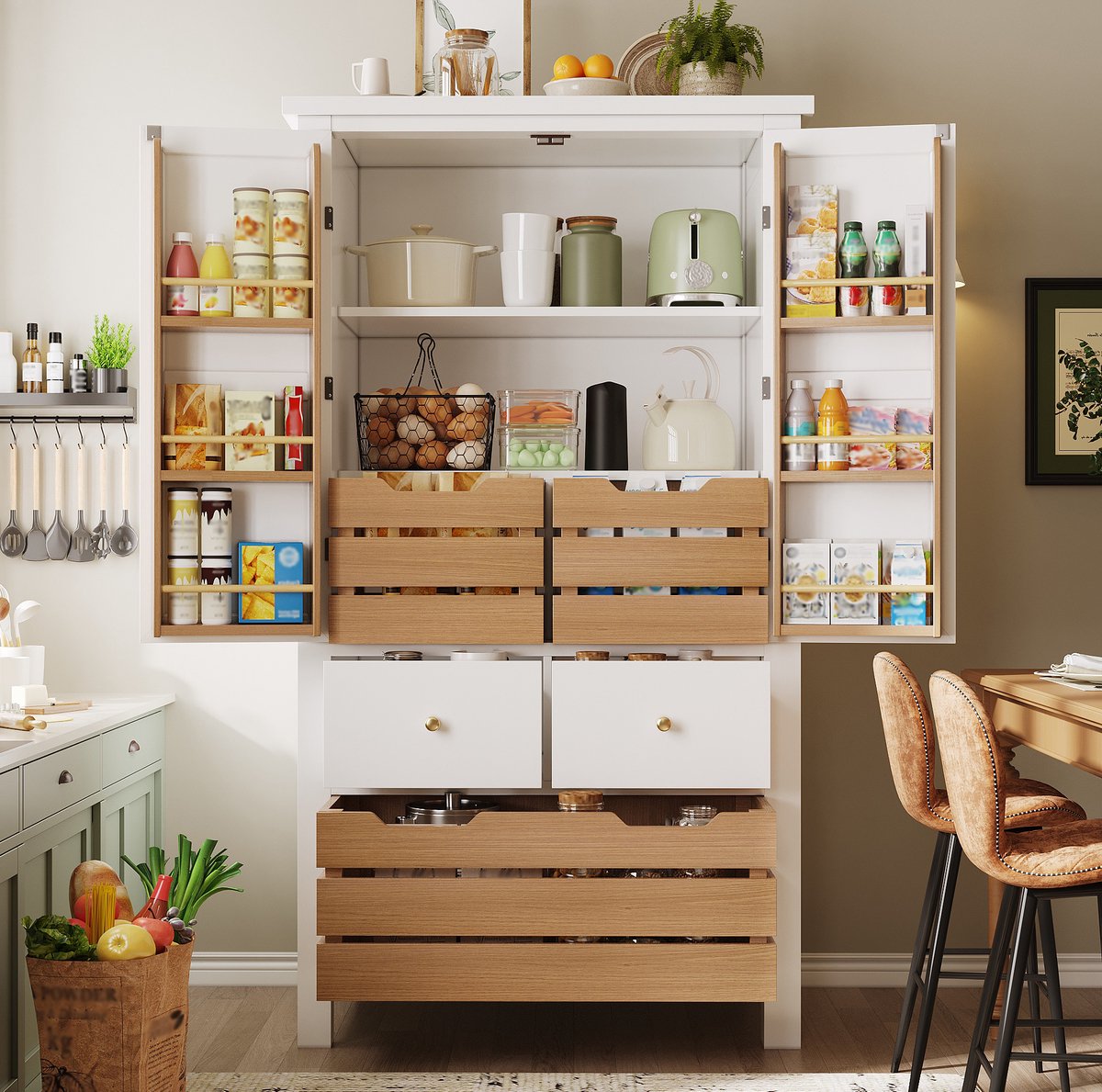 WUVRIE Keukenkast 80x40x140 cm - 2 deuren en 5 lades - Wit