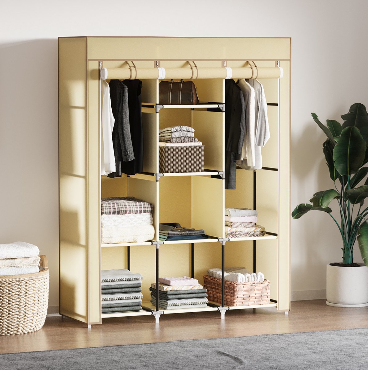 WUVRIE Stoffen kledingkast 125x43x162,5 cm - 2 hangstangen en 8 legplanken - Beige