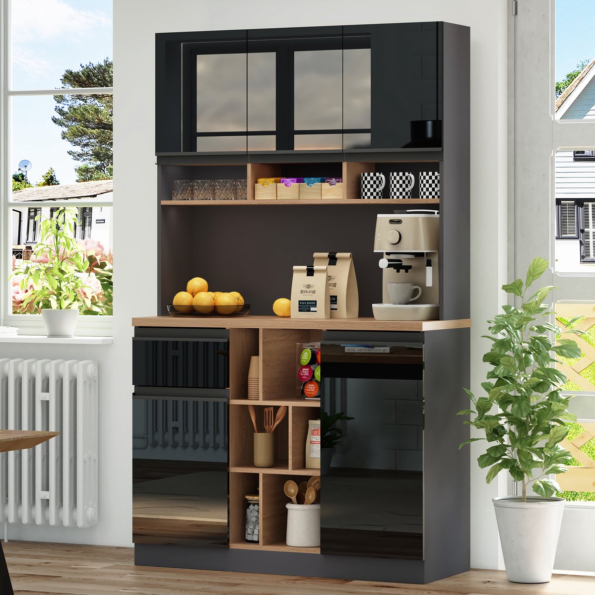 WUVRIE Keukenkast 105x45x185 cm - Verstelbare planken, lade en antikantelvoorziening - Zwart/naturel