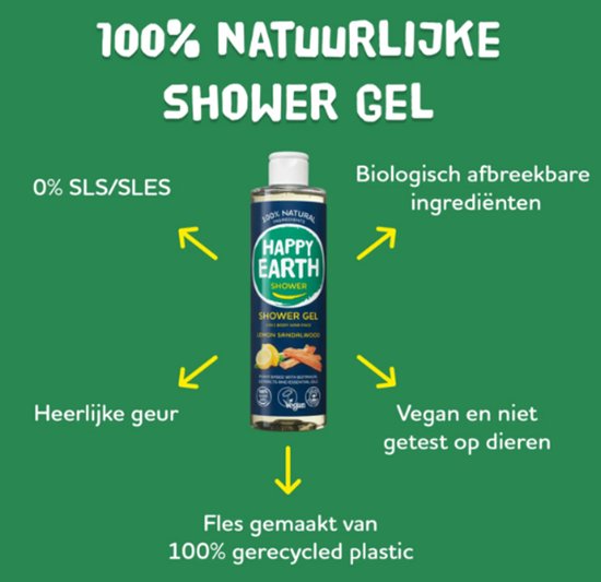 Happy Earth Douchegel Lemon Sandalwood. 100% natuurlijke ingrediënten, biologisch afbreekbaar, vegan, zonder SLS/SLES. Fles gemaakt van 100% gerecycled plastic.