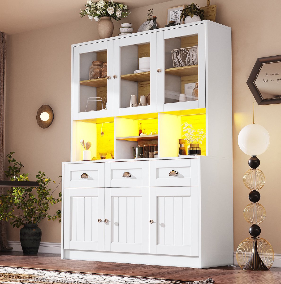 WUVRIE Keukenkast 140x40x175 cm - LED-verlichting en verstelbare planken - Wit