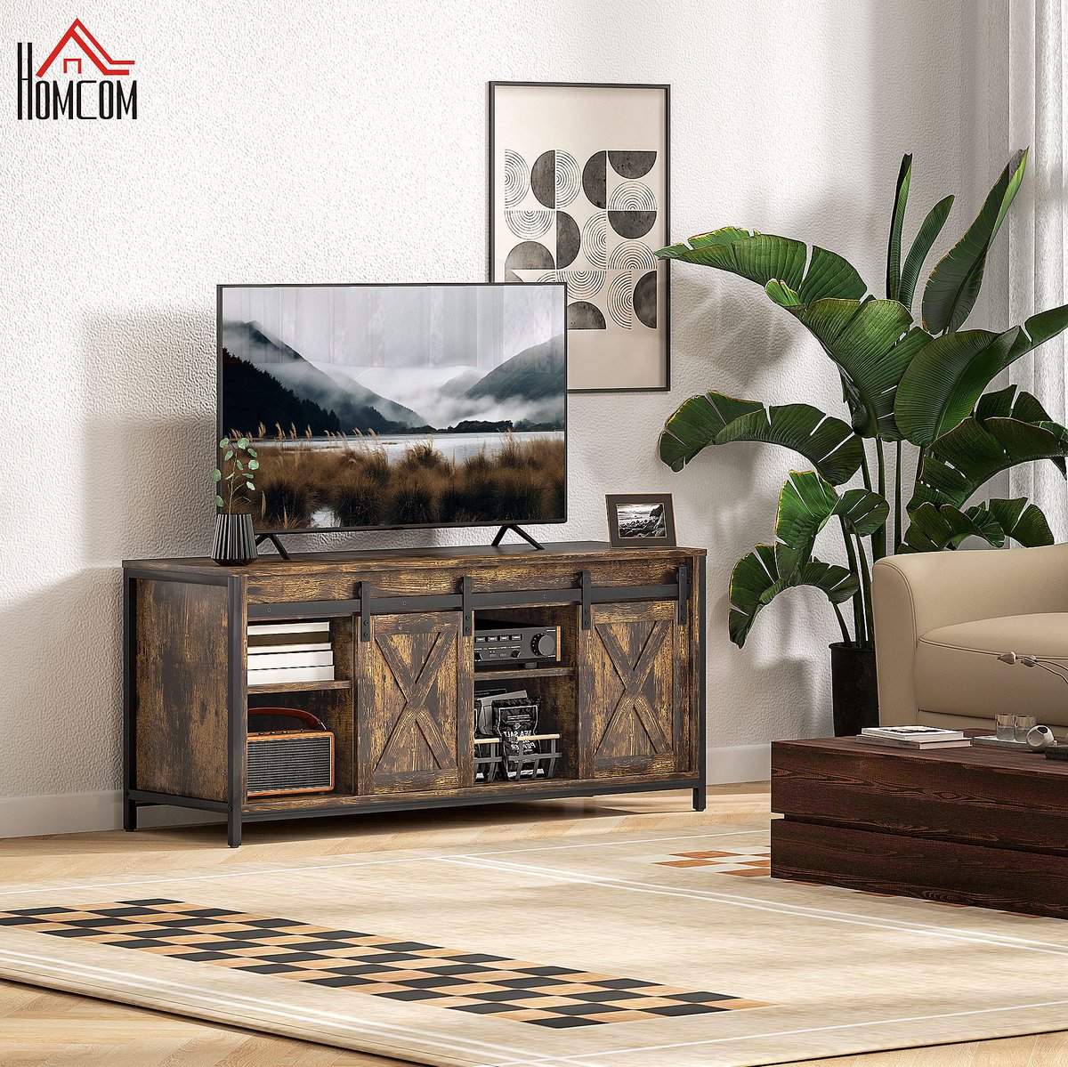 WUVRIE TV-meubel 120x40x54 cm - 2 schuifdeuren, 6 vakken en kabeldoorvoeren - Bruin