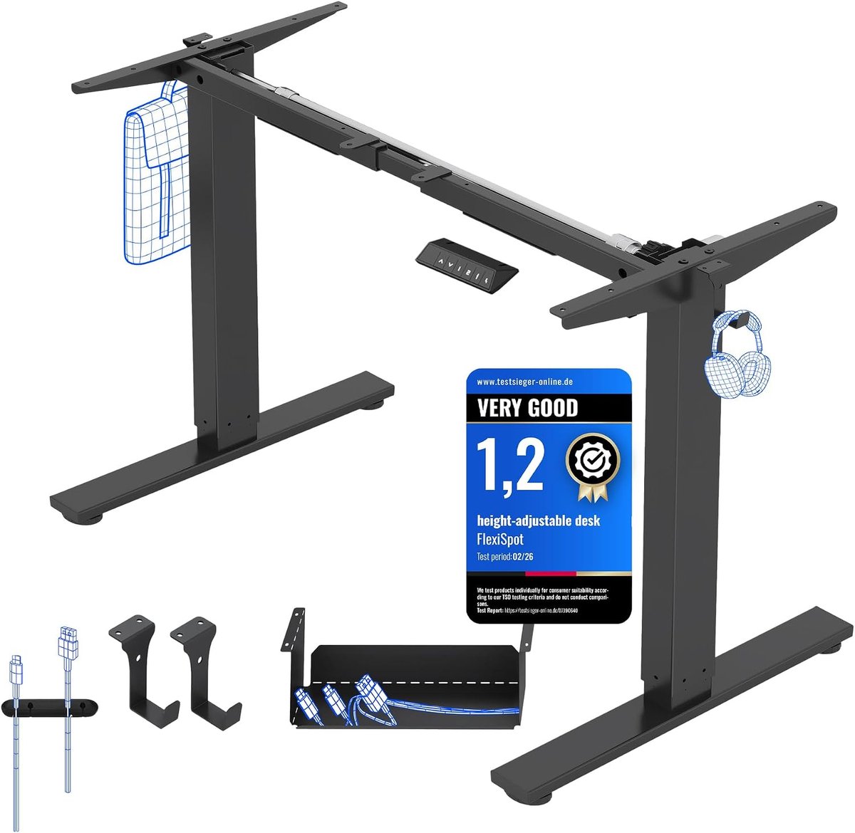 Elektrisch bureau 100 x 60 x 71 cm - verstelbaar frame met geheugenfunctie, LED hoogtedisplay en 2 haakjes - Industrohome