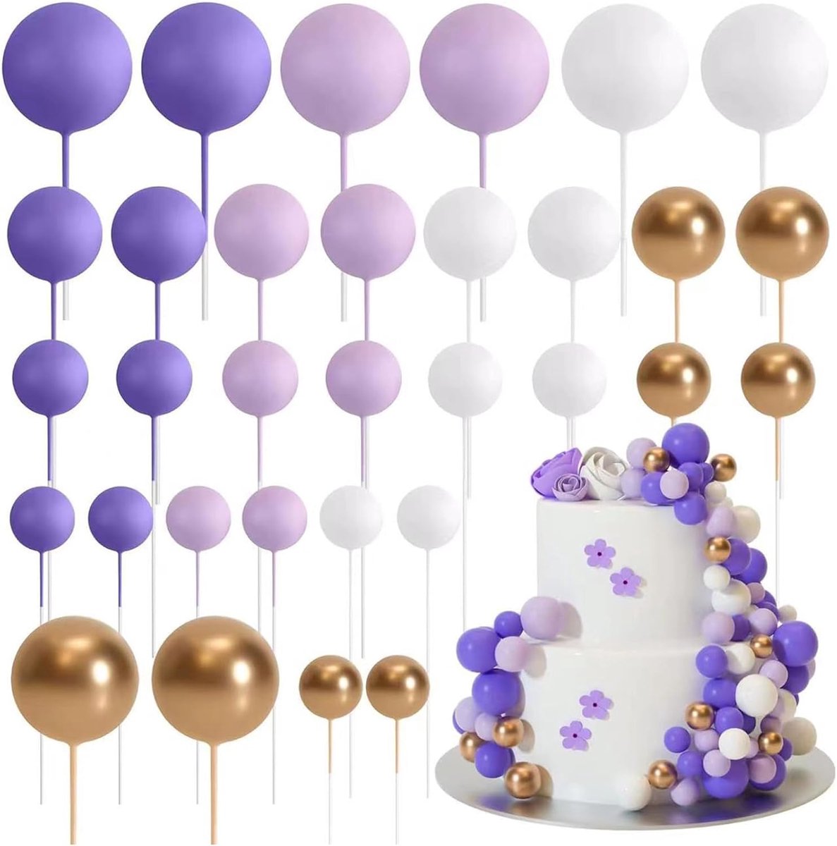 32 stuks baltaarttopper decoraties, ronde baltaartdecoratieset schuimballonnen taartdecoraties, invoegen taarttopper voor bruiloftsfeest, verjaardagstaart decoratie (paars, wit, goud)