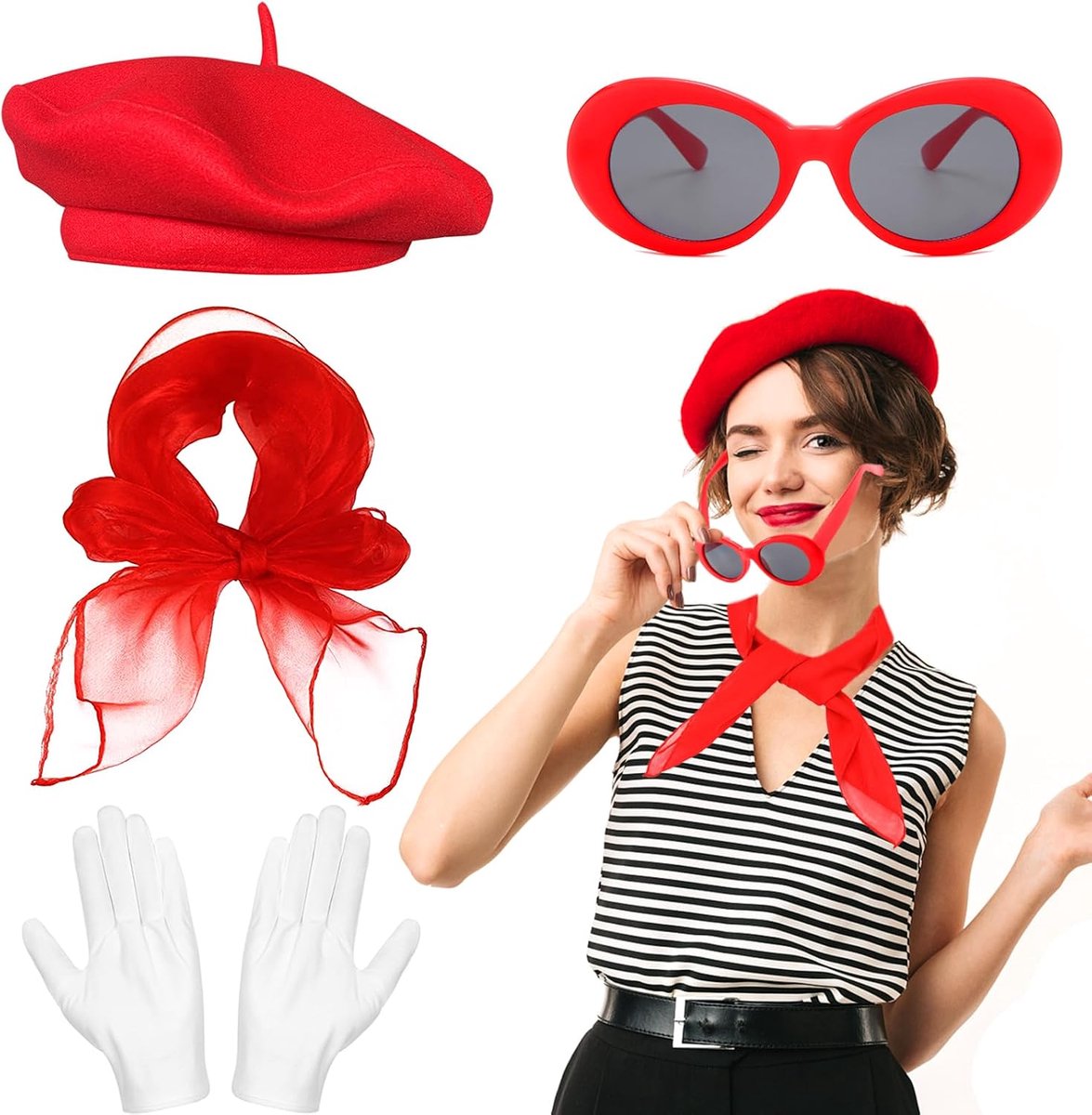 Kostuumaccessoireset, Franse pantomim set met rode baret sjaal zonnebril handschoenen voor vrouwen meisjes party accessoires cosplay dag