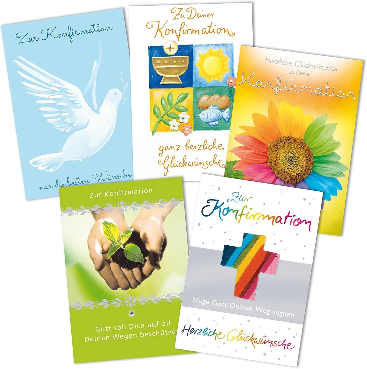 5 kaarten voor bevestiging - kaartenset confirmatie - vormkaarten set met verschillende motieven - wenskaarten met bijpassende envelop in 11,6 x 16,6 cm