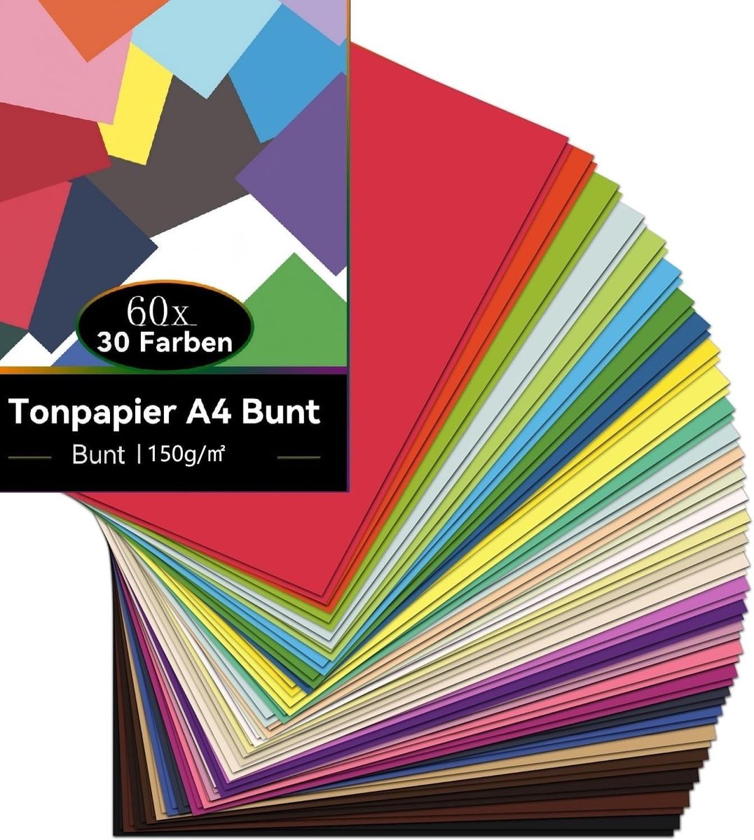 60 vellen gekleurde kaart A4, gekleurd papier A4 pack assorti met 30 levendige kleuren, bouwpapier 150 g/m², Perfect voor het toevoegen van meer plezier aan knutselen en decoreren, schetsen