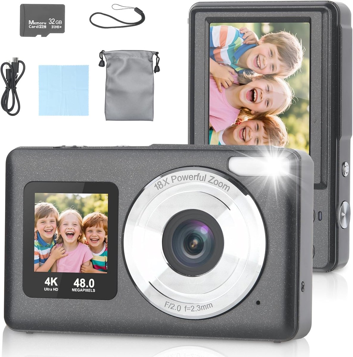 Digitale camera, 4K, 48 MP, vloggingcamera, dual screen met 32 GB SD-kaart, compacte camera, autofocus, cadeau voor kinderen, tieners, beginners