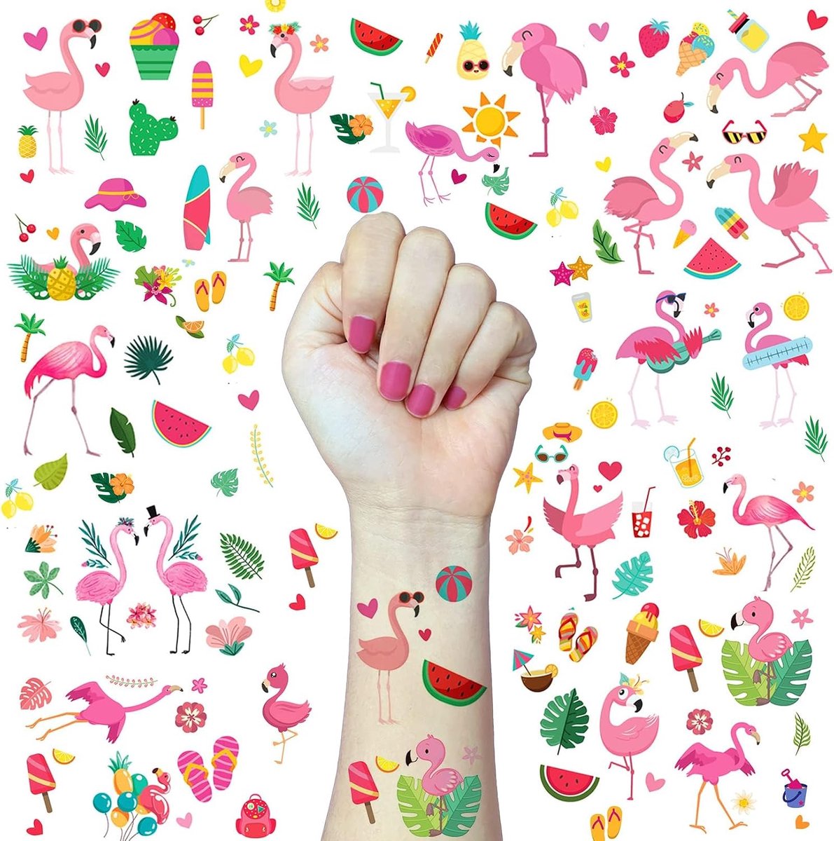Tijdelijke Flamingo Roze Tattoo, 10 Vellen Tijdelijke Tattoos voor Kinderen, Tropische Thematische Tattoos, Feestartikelen voor Zomerstrand, Zwembad, Verjaardagsfeest