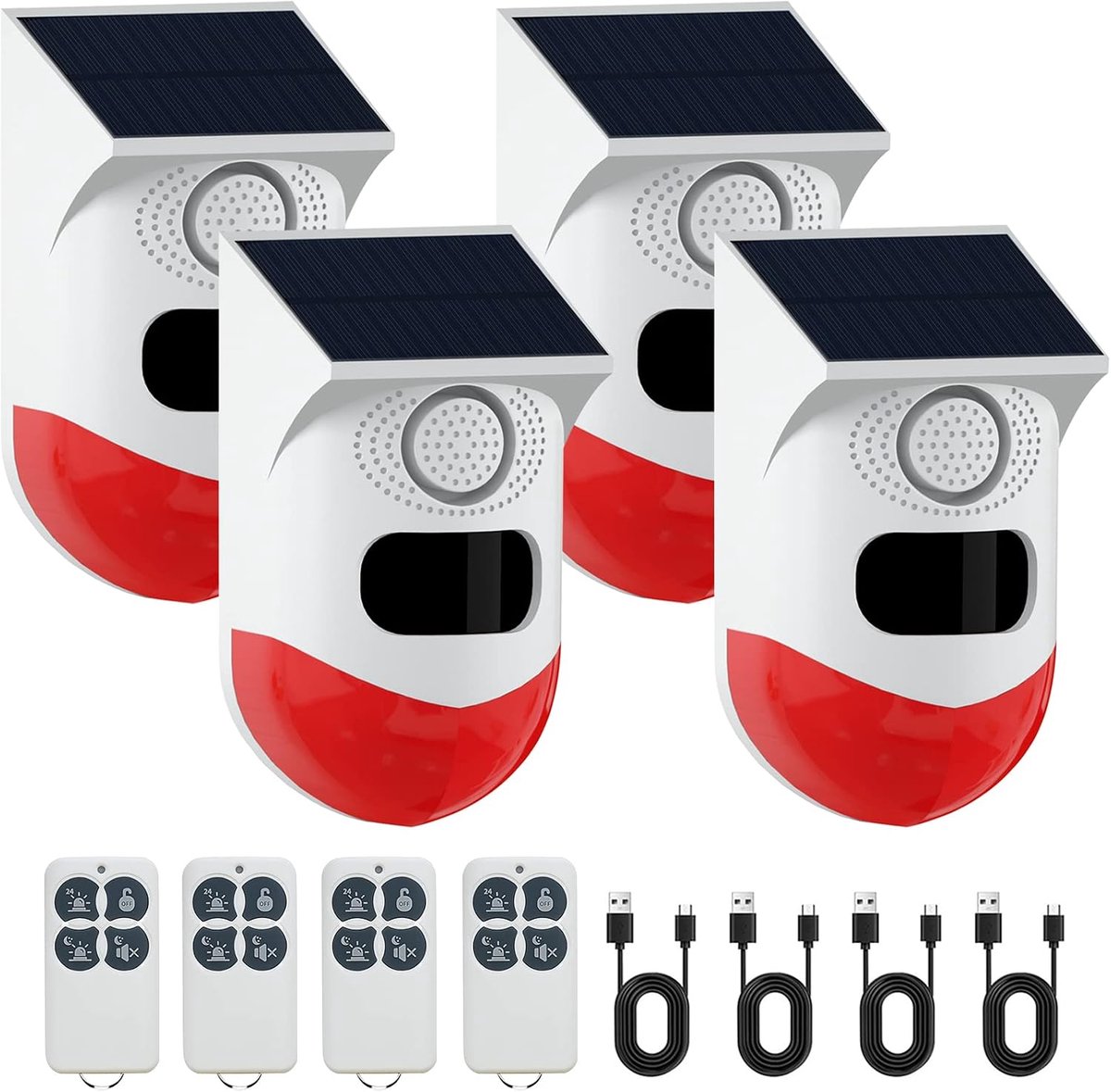 4 × Solar Bewegingssensor Alarm Buiten - 120 dB Sirene & Flitslicht - IP67 Waterdicht - PIR Bewegingsmelder 5-12 m - 110° Detectiehoek - 4 Werkmodi - 4 Afstandsbedieningen - Voor Tuin, Oprit & Garage