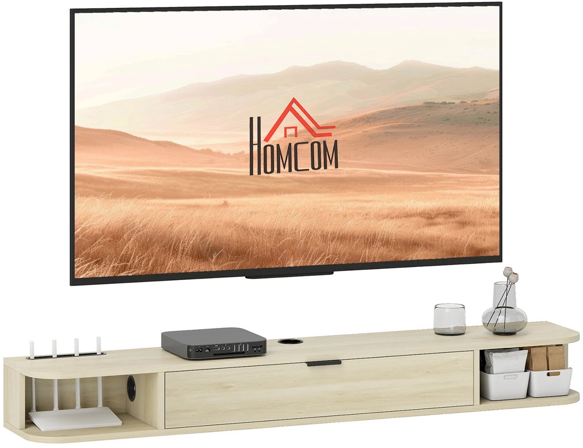 MokoHub Hangend TV-Meubel - Voor Woonkamer - Opvouwbare Lade - 2 Open Planken - Kabelbeheer - 140x24x16 cm - Naturel