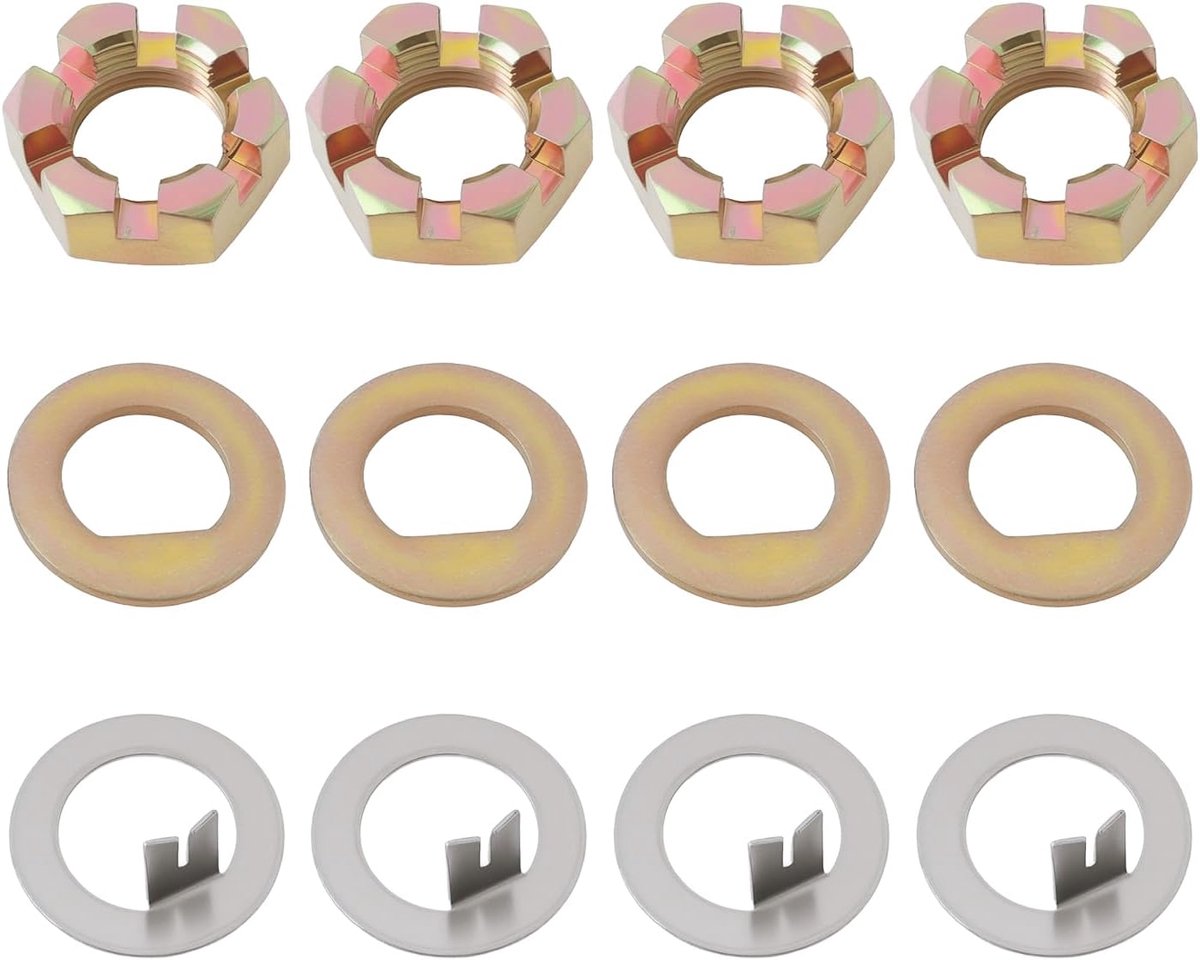 Lord of the Tools 4 sets aanhangwagen 1-inch spindelmoer en sluitring kit voor 2-7 lbs assen inclusief kasteelmoeren, D-ringen en tangringen compatibel met EZ-Lube