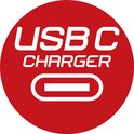 Rode cirkel met witte tekst 'USB C CHARGER' en een symbool voor een USB-C poort.
