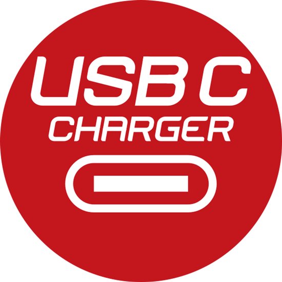 Rode cirkel met witte tekst 'USB C CHARGER' en een symbool voor een USB-C poort.