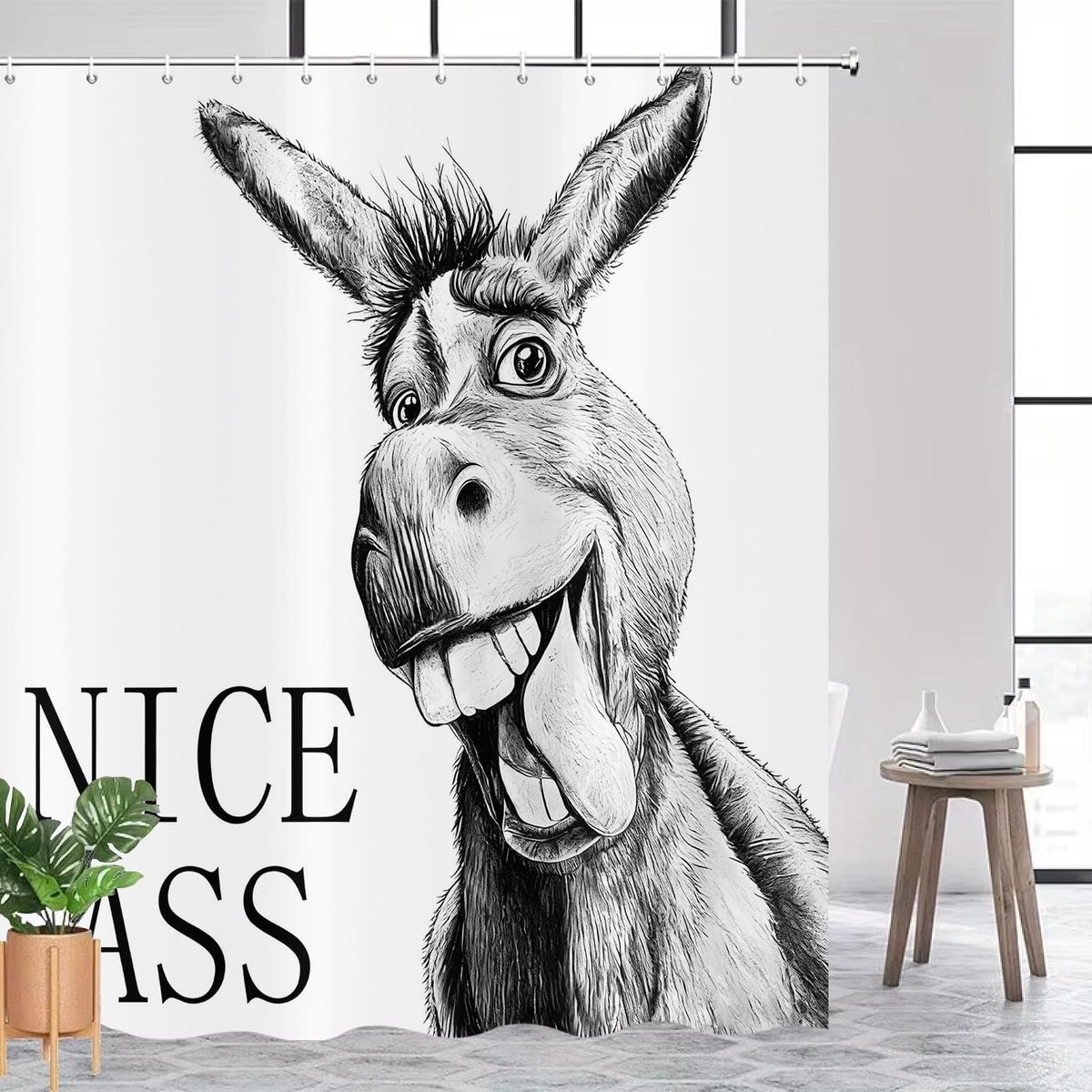Douchegordijn 180 x 200 cm - grappige ezel - zwart-wit - wasbaar textiel voor landelijke stijl - ShopVlot