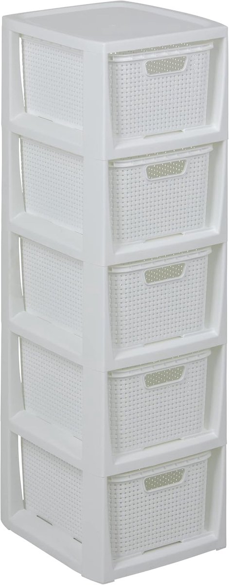 SnelShoppen - Rattan Design Opbergrek met 5 Baskets, BPA-vrij Kunststof, Wit, 29.5 x 24 x 80 cm, Ideaal voor Woonkamer, Badkamer, Kinderkamer
