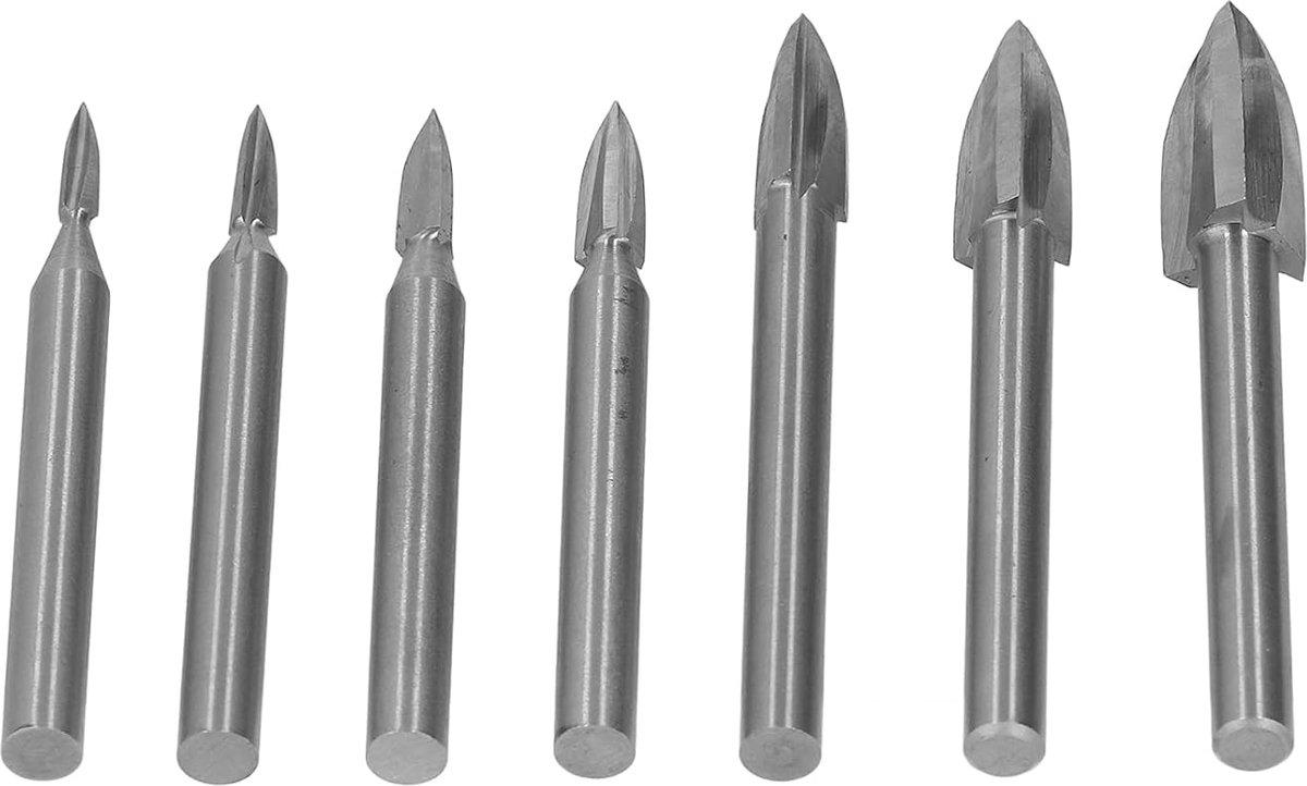 Dailygoods- Graveerboor 7 Stuks - 6 mm Schacht - 3 Fluiten - Verschillende Kopgroottes - Houtsnijwerk - Geschikt voor Acryl - Frezen