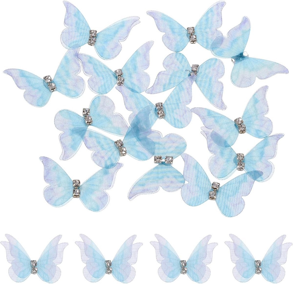 20 stuks vlinderapplicaties van transparant mesh, 30 mm, twee lagen, vlinders, met patch, strass-applicatie, doe-het-zelf, 3D-ornament, handwerk, bruiloft, feest, huis, kleding, lichtblauw