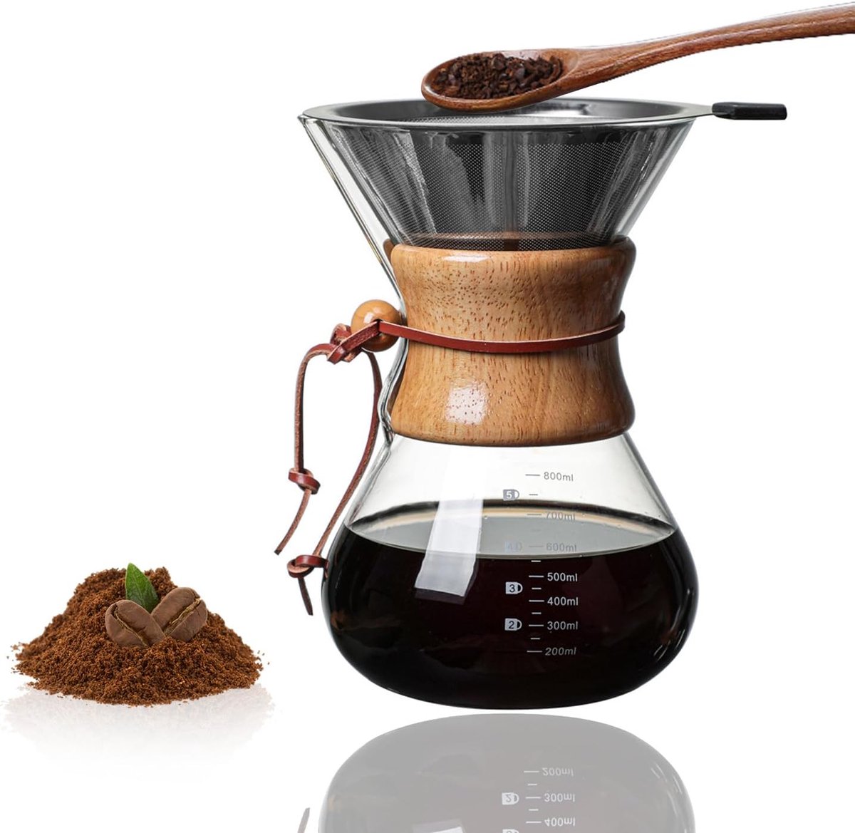 Dailygoods- Koffiezetapparaat 800 ml - Giet op het koffiezetapparaat - Roestvrij staal filter - Houten hals - Glas - Afmetingen 13 x 21,4 cm - Koffief