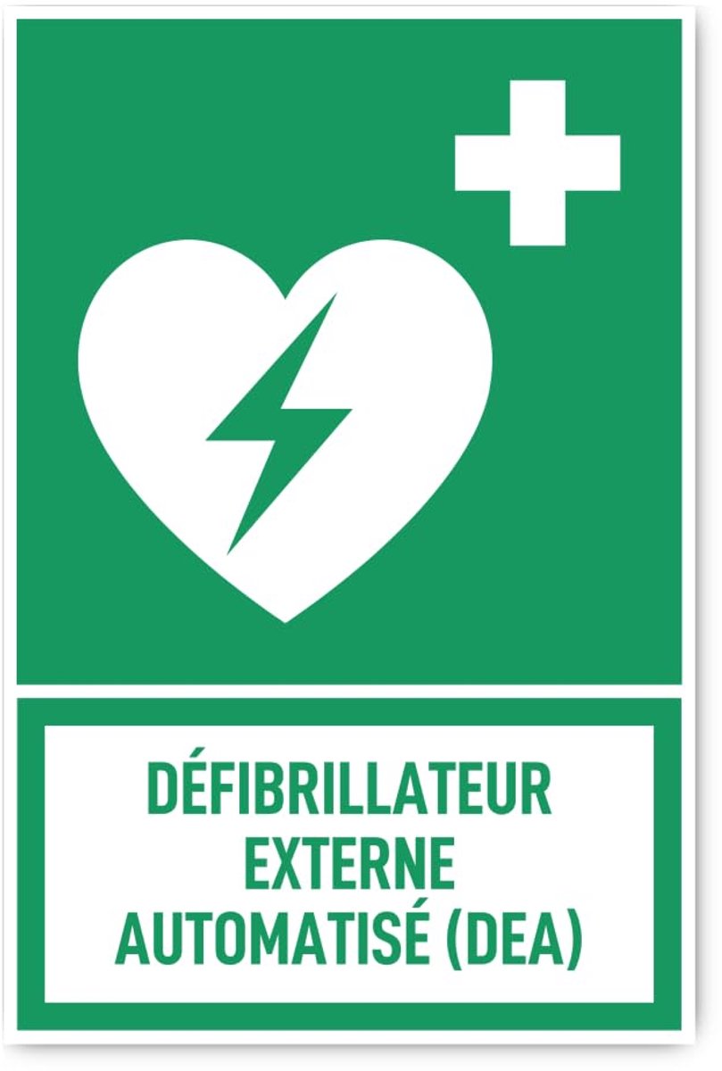 300 x 200 mm, 1 stuk - geautomatiseerde externe defibrillator (AED) - taal: Frans - reddingsteken met tekst (groen/wit) - rechtop - E010 - DIN EN ISO 7010