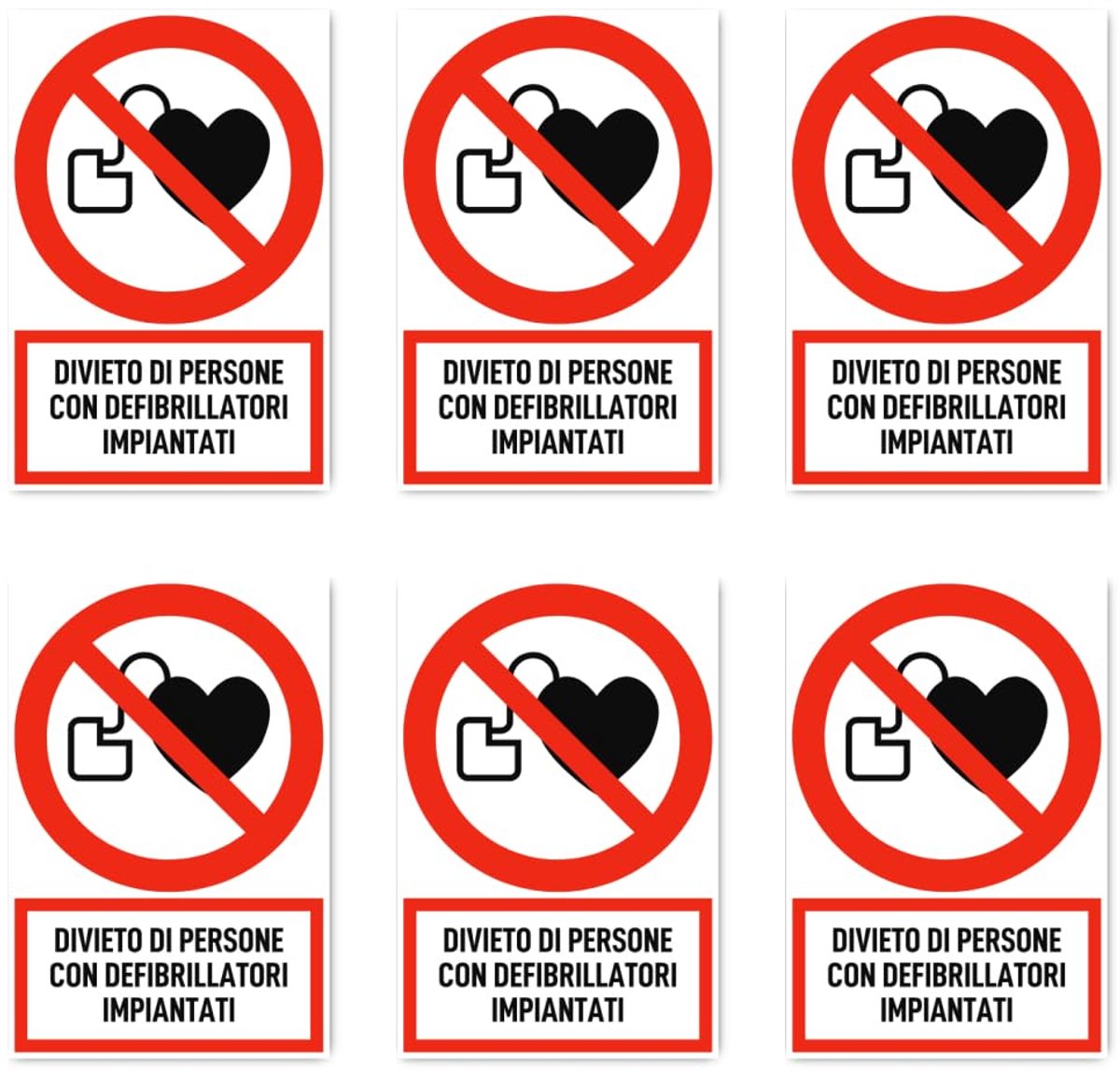 75x50 mm, 6 stuks - Geen toegang voor personen met geïmplanteerde defibrillatoren - taal: Italiaans - verbodsteken met tekst (rood/wit) - rechtop - P007 - DIN EN ISO 7010