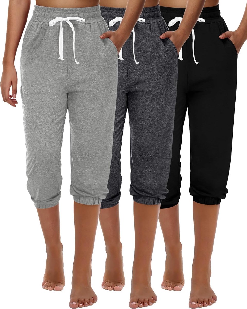 3-delige Capri Joggingbroek voor Dames Zomerse Casual Sportieve Cropped Loungebroek met Hoge Taille en Zakken