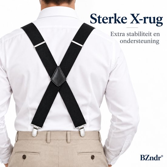 Zicht op de rug van een man met witte blouse, draagt zwarte bretels in X-vorm. Tekst: Sterke X-rug.