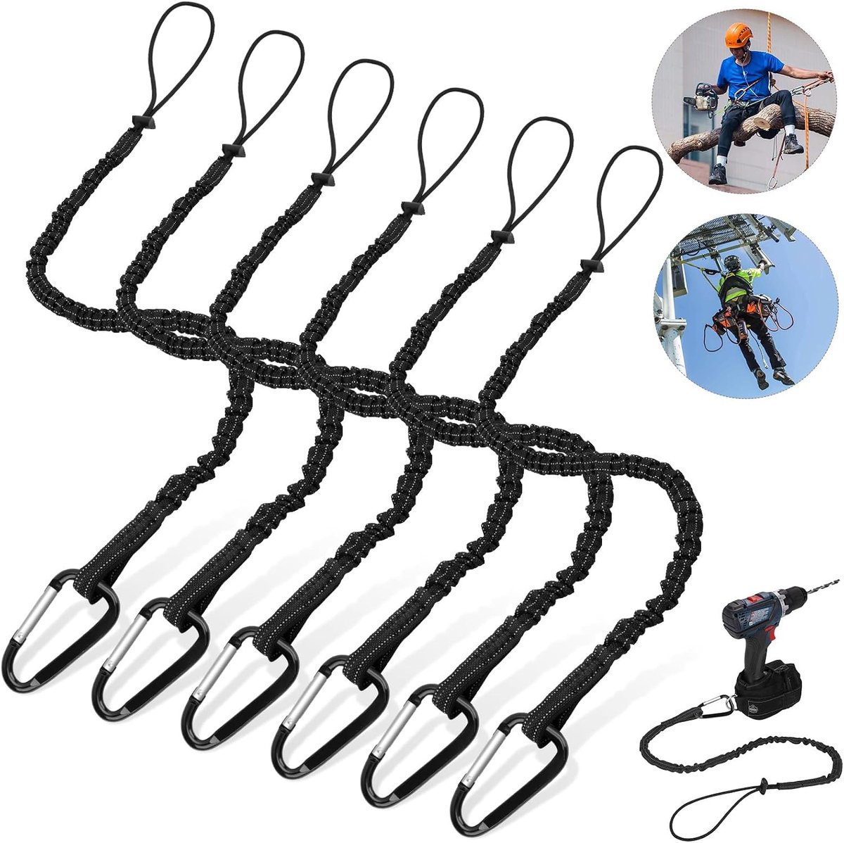 Lanyard 6 stks Uitschuifbare Veiligheid Tool Tether 90cm-170cm Lengte met Dikke Rvs Karabijnhaak Valbescherming Anti Break Voor Dakers, Bouw Maximaal Gewicht 10kg/22lb