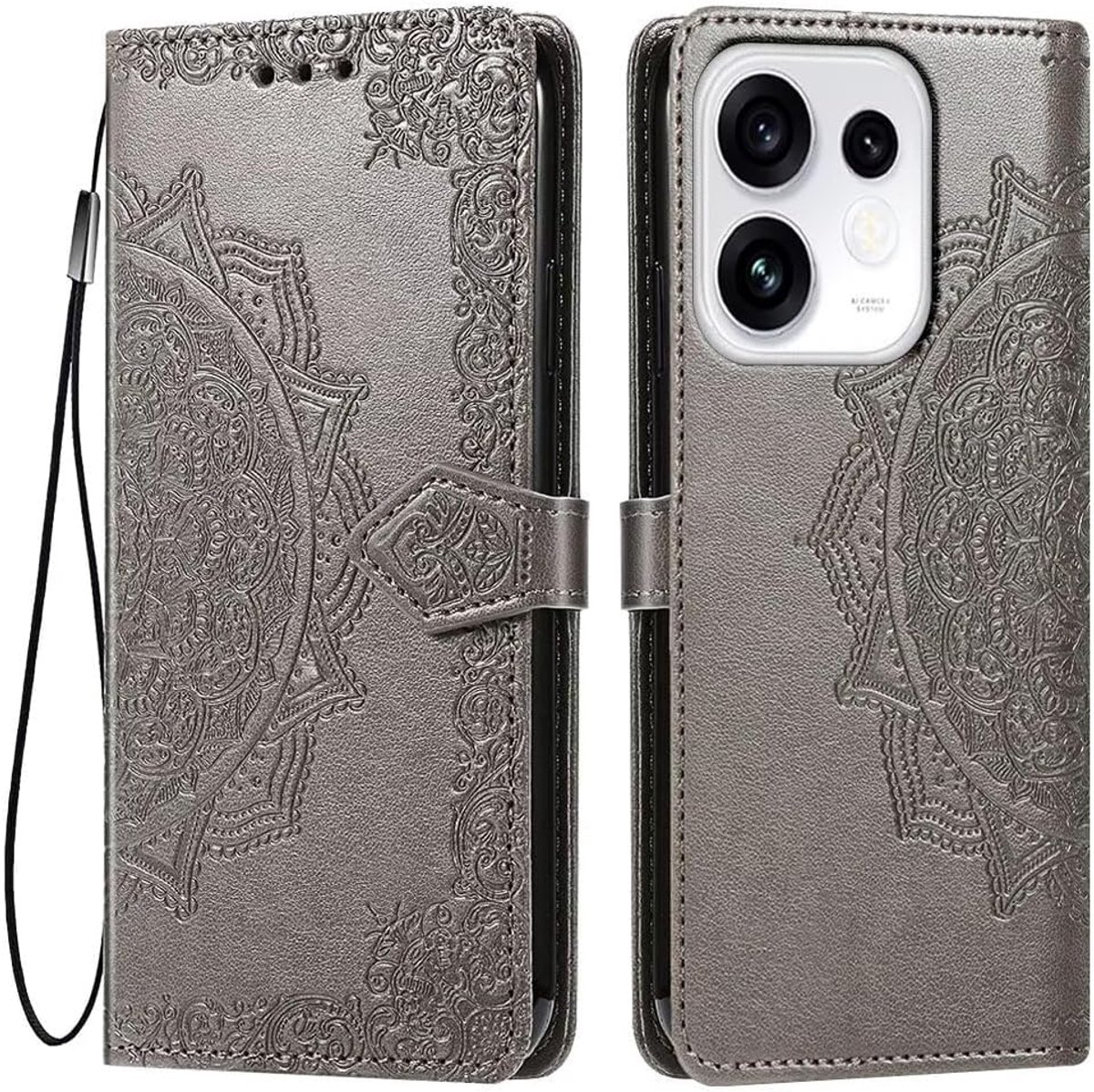 Hoes voor Oppo Reno16 5G / Oppo Reno 16 5G (6,32 inch), premium PU-leren portemonnee, magneetsluiting, flip case met 3 kaartvakken, mandala-patroon, grijs