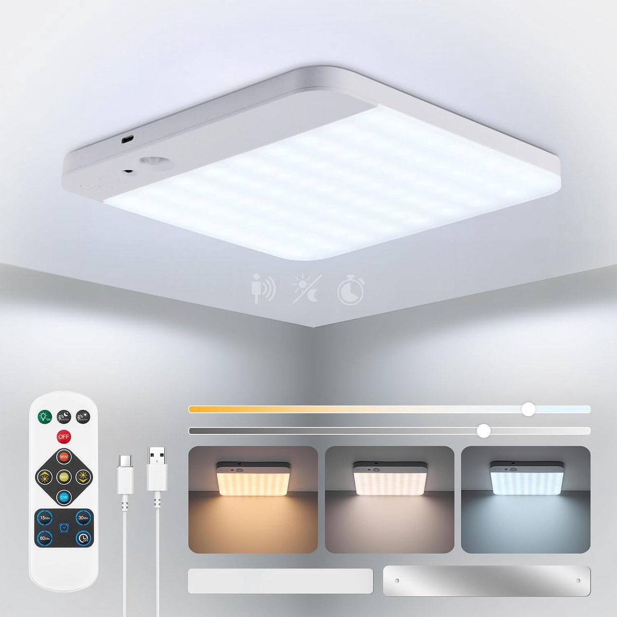 Oplaadbare LED Plafondlamp met Bewegingssensor, 20 cm USB Lamp op Batterij, Magnetisch & Zonder Boren, Dimbaar met Afstandsbediening – Voor Hal, Garderobe, Bijkeuken – Vierkant