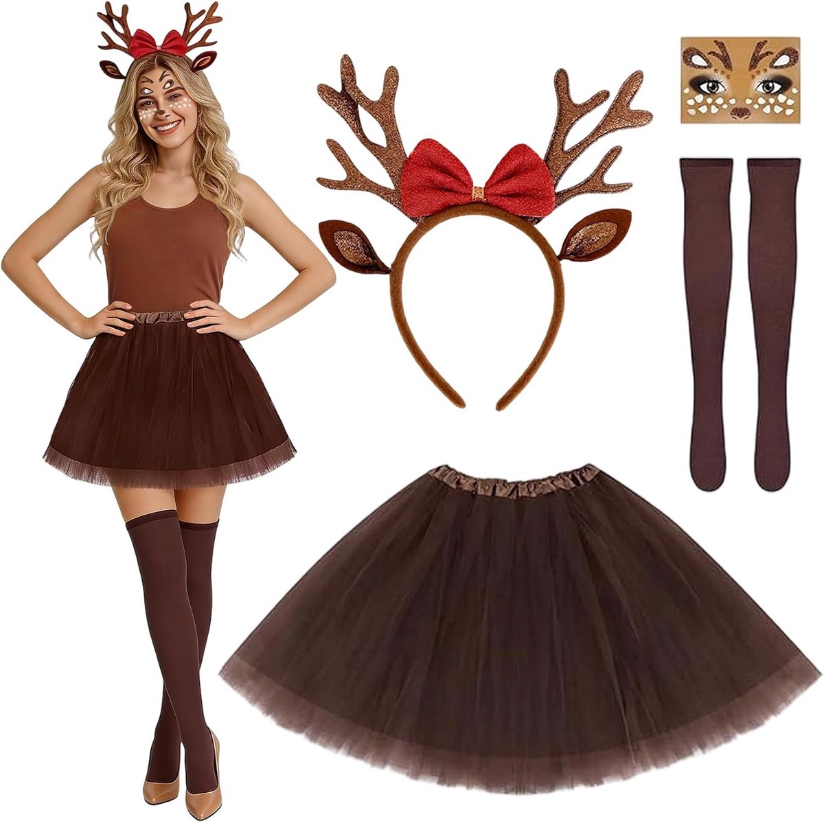 Hertenkostuum voor dames, rendier, haarband en tule rok, tijdelijke tatoeages, sokken, kerstkostuum, hertenkostuum, dierenkostuum, volwassenen, voor Halloween, Kerstmis, cosplay