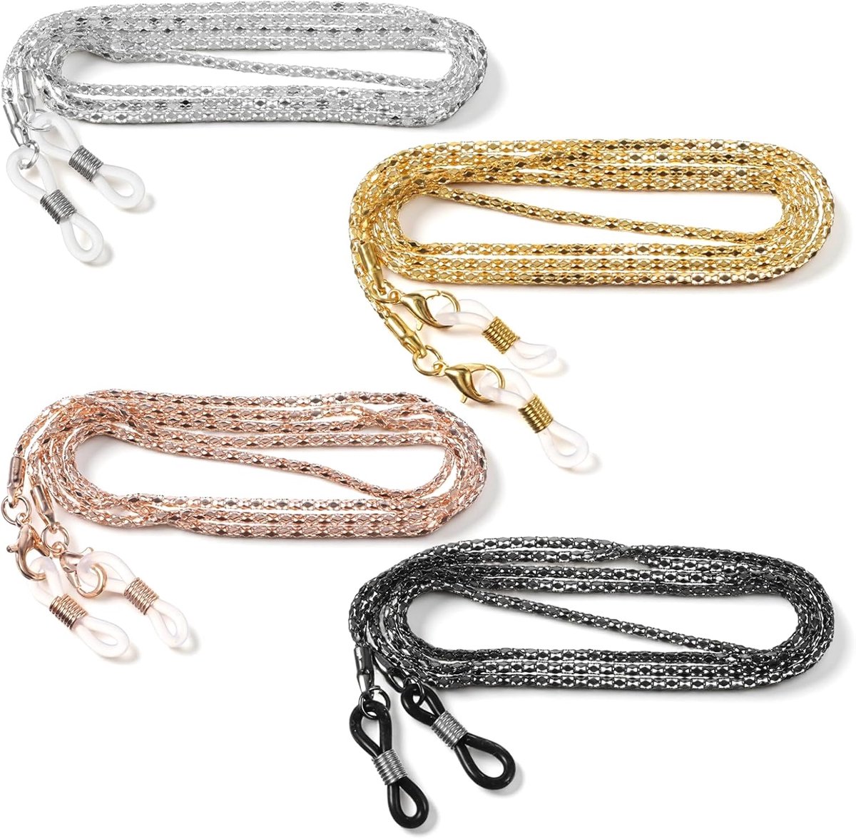 4 stuks metalen brillenketting voor dames en heren, modieuze brillenhouders om de nek met verstelbare rubberen uiteinden (goud, roségoud, zwart, zilver)