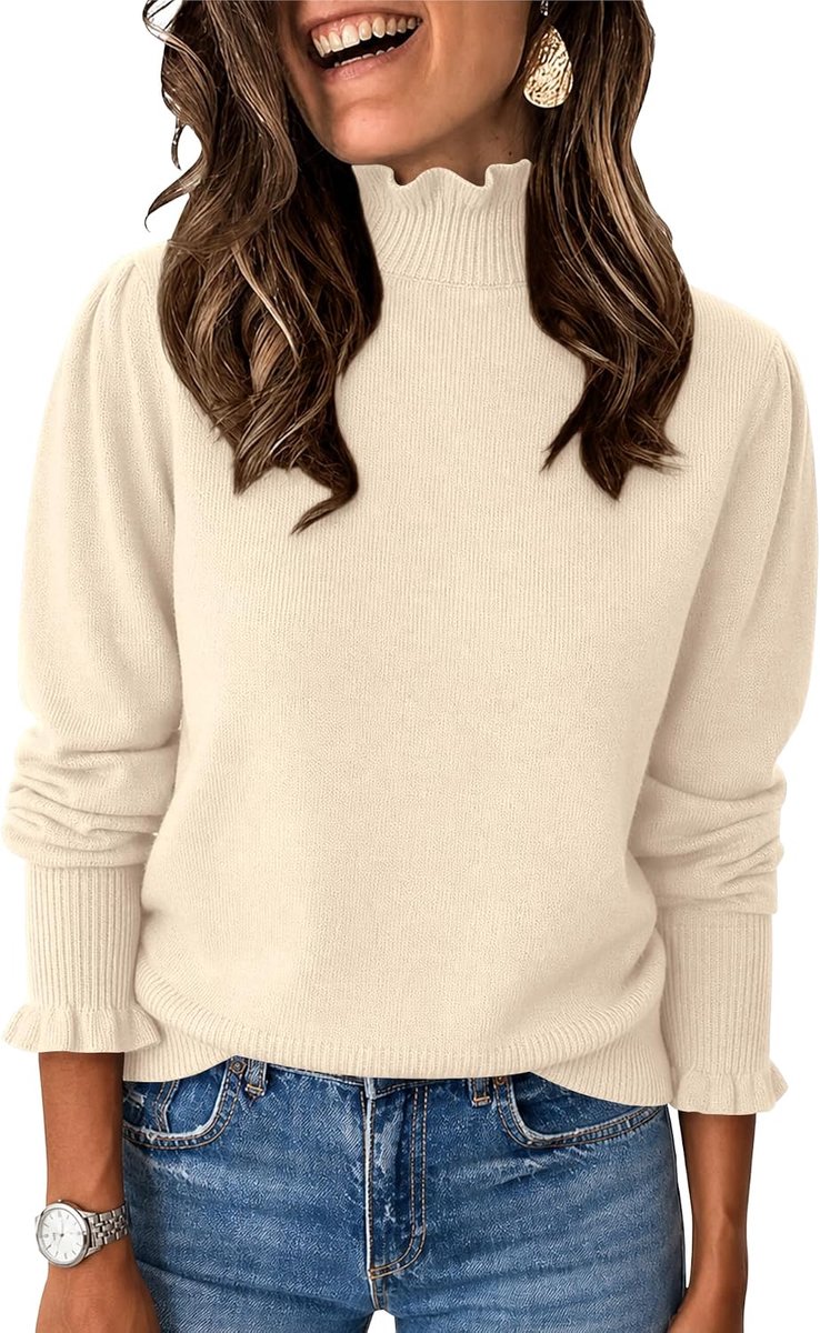 Dames Truien Gebreide Trui Ruche Mock Neck Lange Mouw Tops