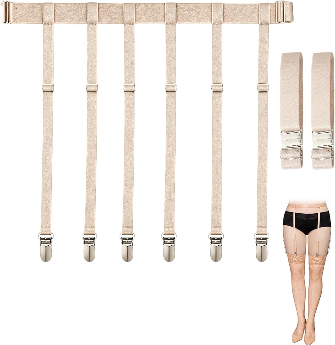 Jarretelgordel voor dames, roze set met 6 verstelbare jarretels en 2 elastische extra banden, heuphouder voor hoge kousen, stevige metalen clips voor feest en speciale gelegenheden