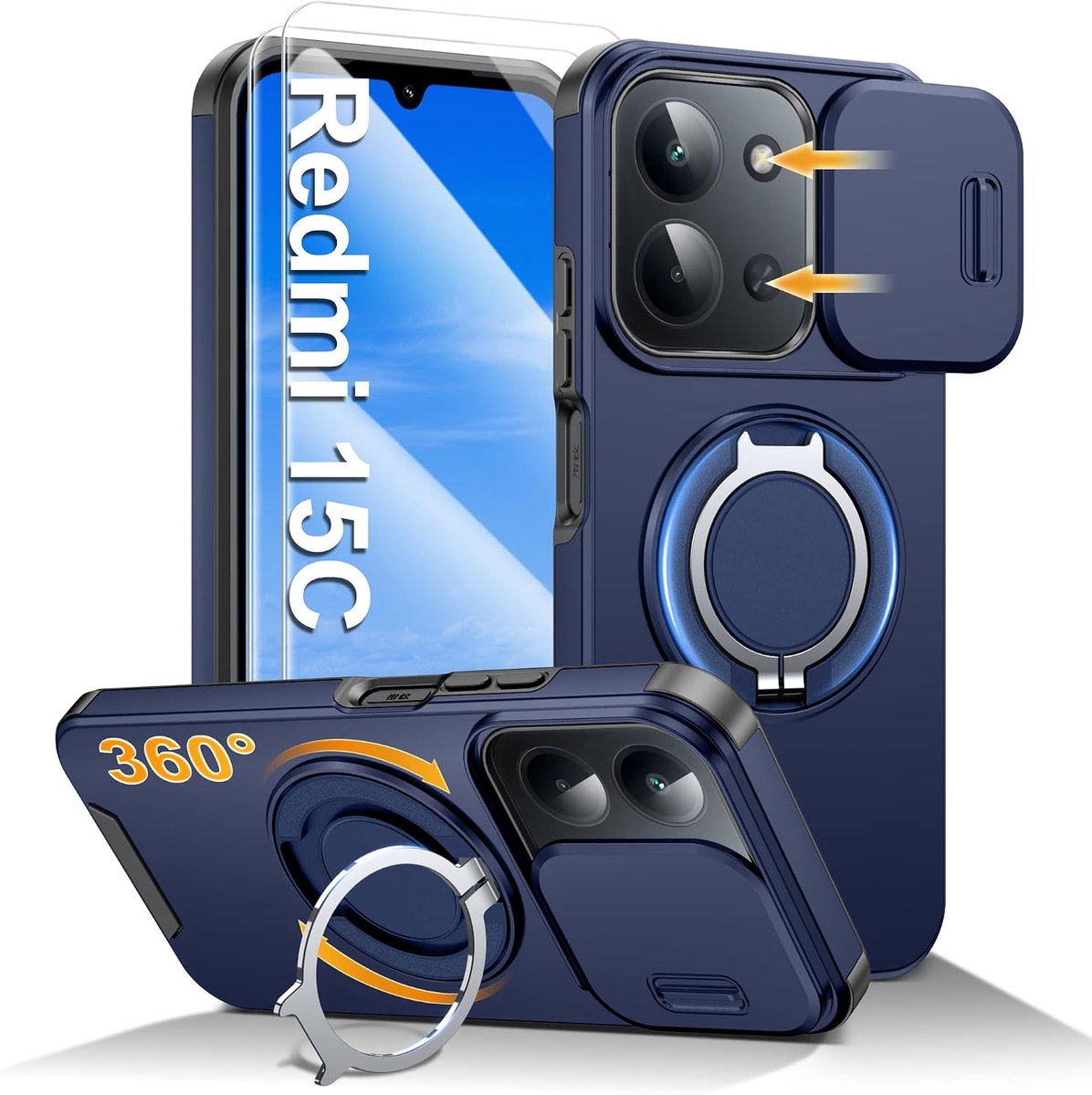 Telefoonhoesje voor Xiaomi Redmi 15C 4G/5G, met 2 stuks pantserglas, ringstandaard, 360°, militaire standaard, stootvast, blauw