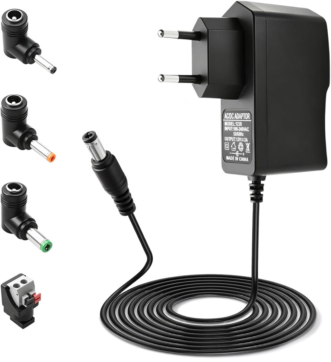 12 V, 2 A, 24 W, universele voeding, AC 100-240 V naar DC 12 V, EU-stekker met 4 jackstekkers, transformator voor ledstrip, router, CCTV-camera, LCD-monitor