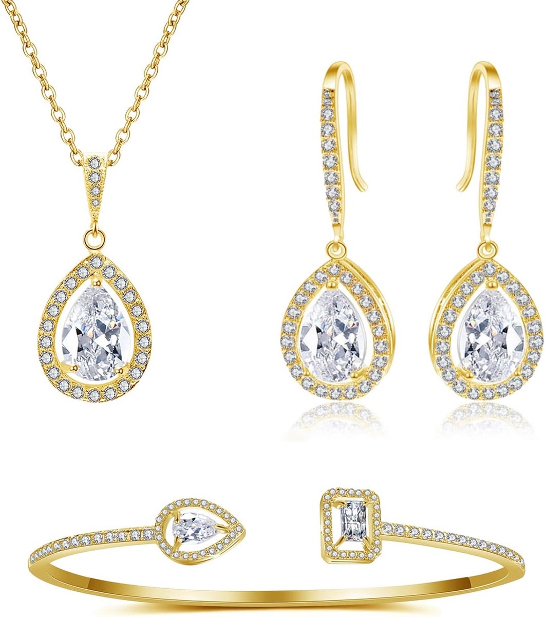 sieradenset voor dames, 3-delige bruidssieradenset met witte druppels, zirkonia, halsketting met waterdruppel-hanger & haak, oorbellen en armband, diamant bruidssieradenset voor