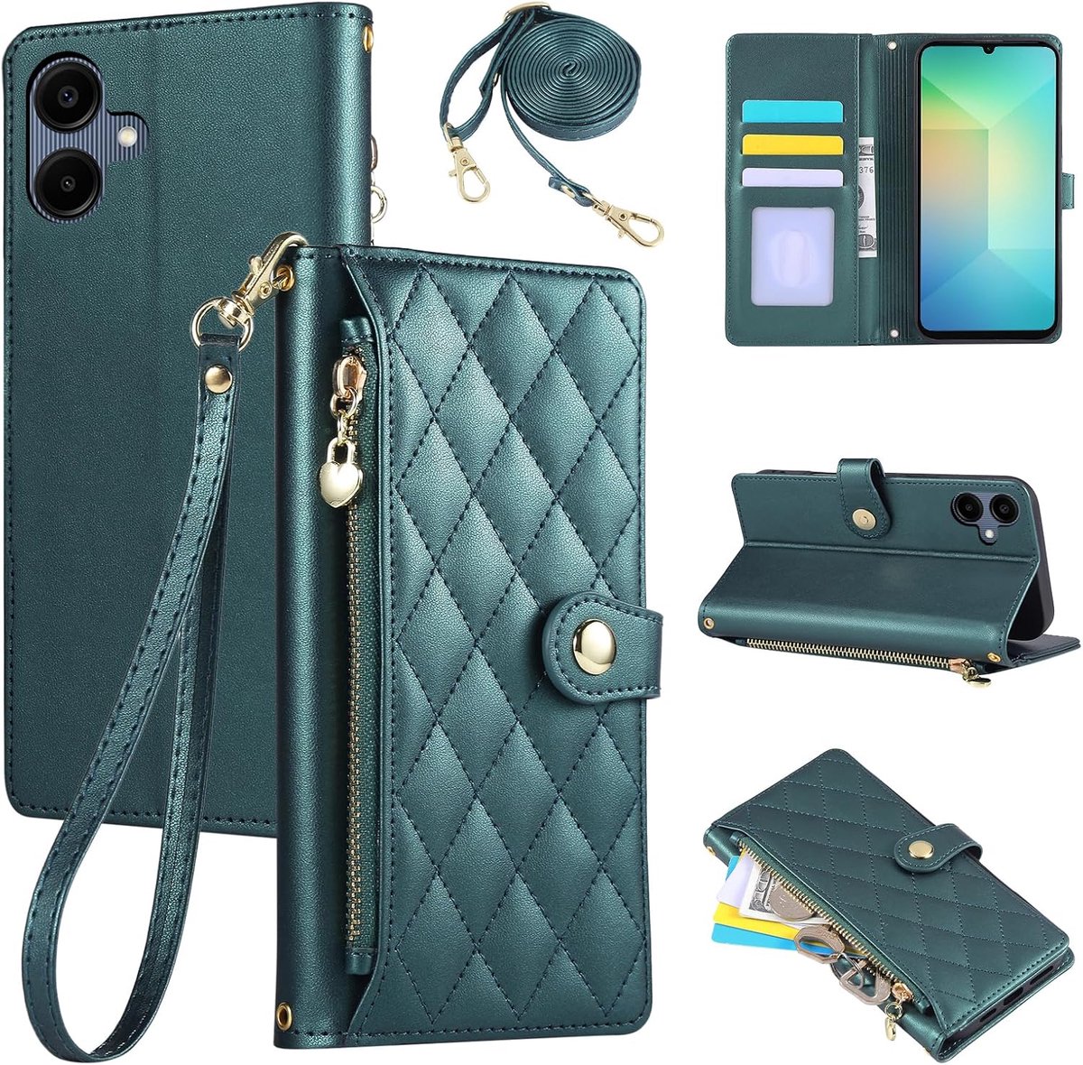 Portemonnee-hoes voor Samsung Galaxy A06 5G 2025/A06 4G 2024 6,7 inch, PU-lederen mobiele telefoonhoesje met borduurwerk van diamantrooster, Galaxy A06 fliphoes met polsband en crossbody lange