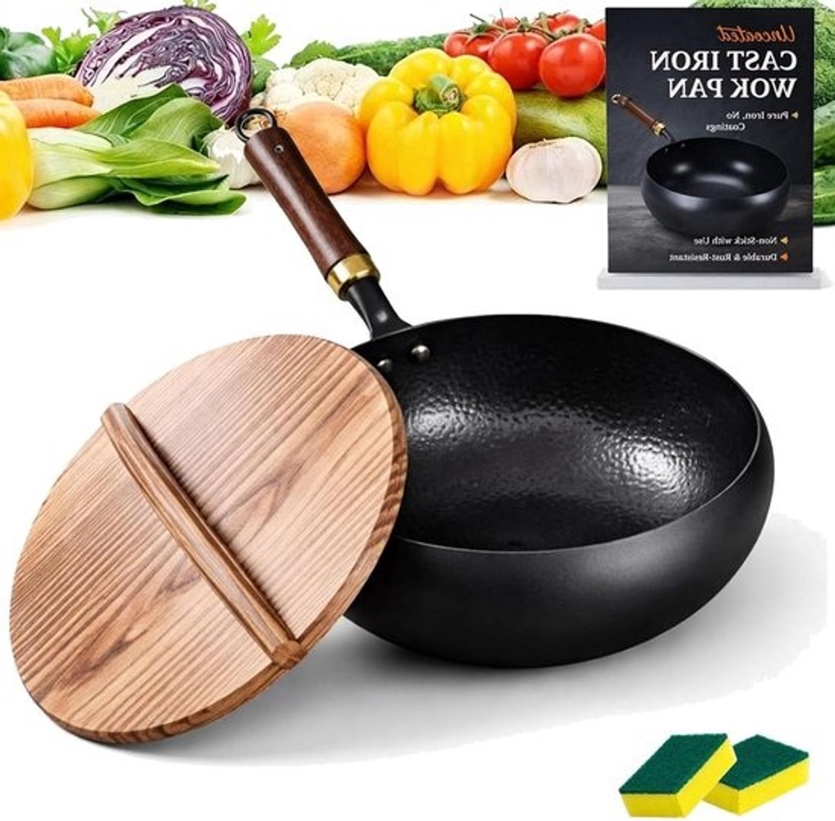 Gietijzeren Wokpan - Japanse Koekenpan - Gezond Koken - Ongecoat Natuurlijk - 30 cm Diameter - Zwart met Hout